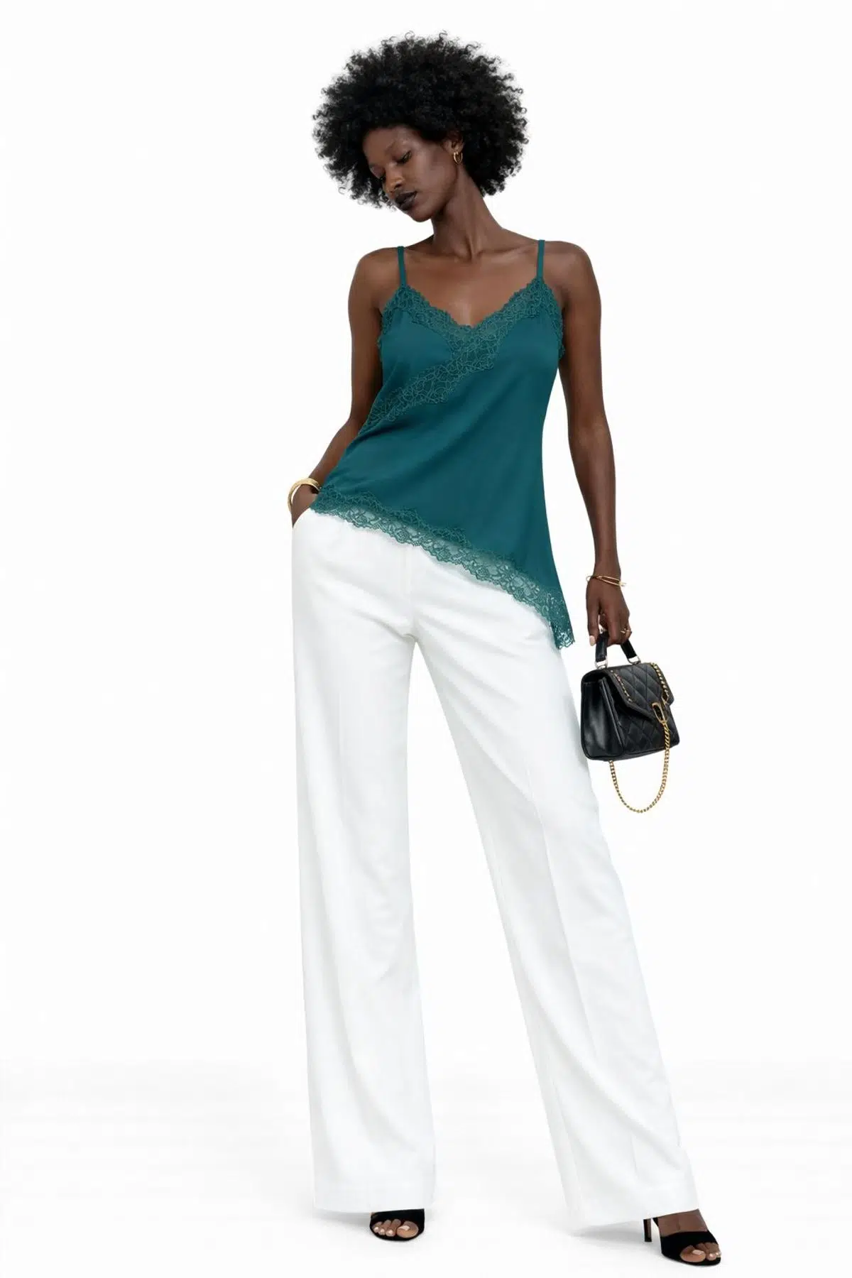 Asimetrik dantel detaylı bluz - PETROL