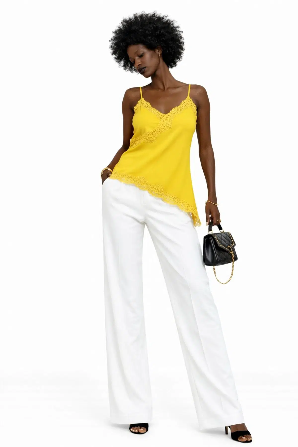 Asimetrik dantel detaylı bluz - SARI