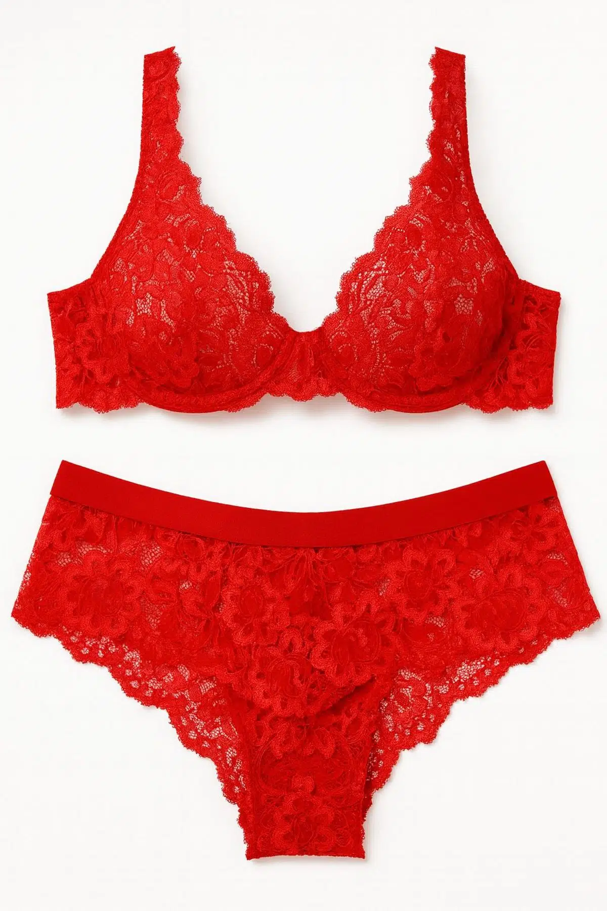 Çiçekli Balenli Sütyen Iç Çamaşır Takım - KIRMIZI