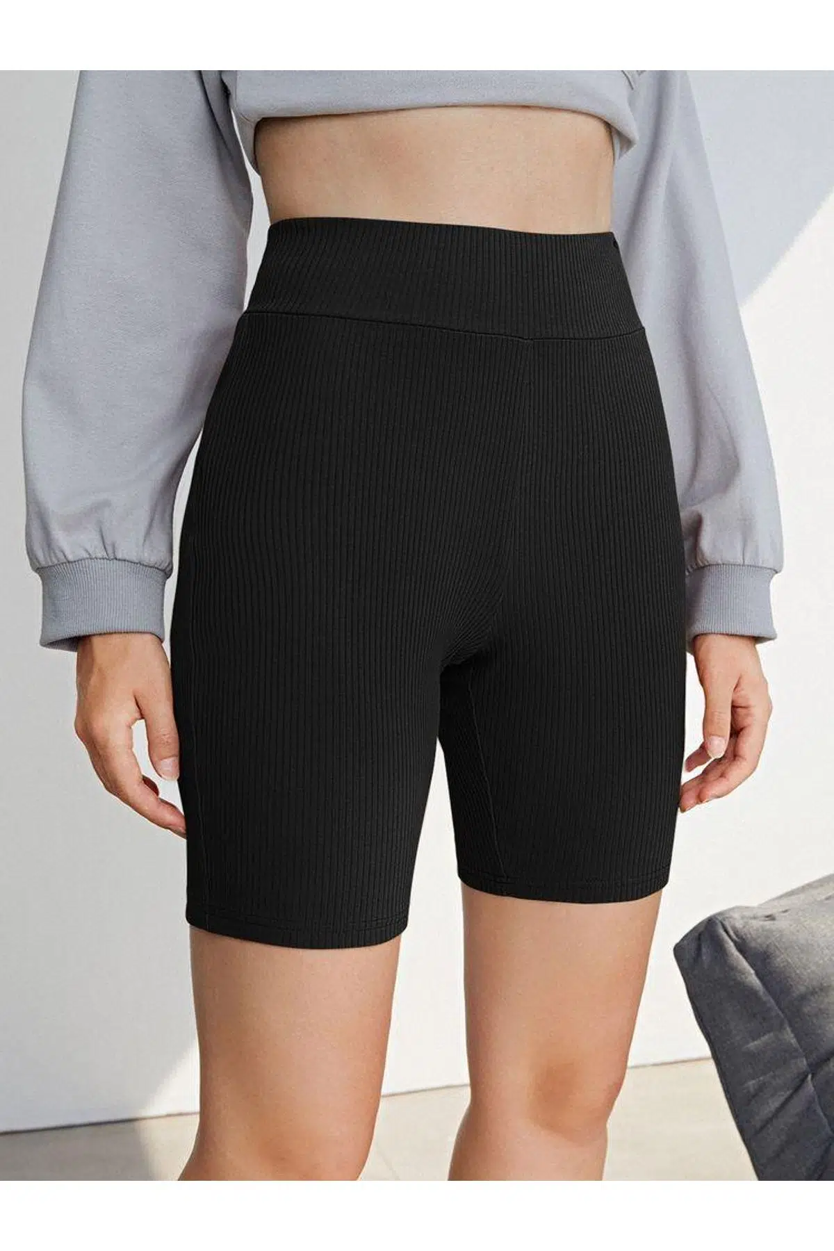 Çizgili kumaşlı astarlı tayt DB200793UT - SİYAH