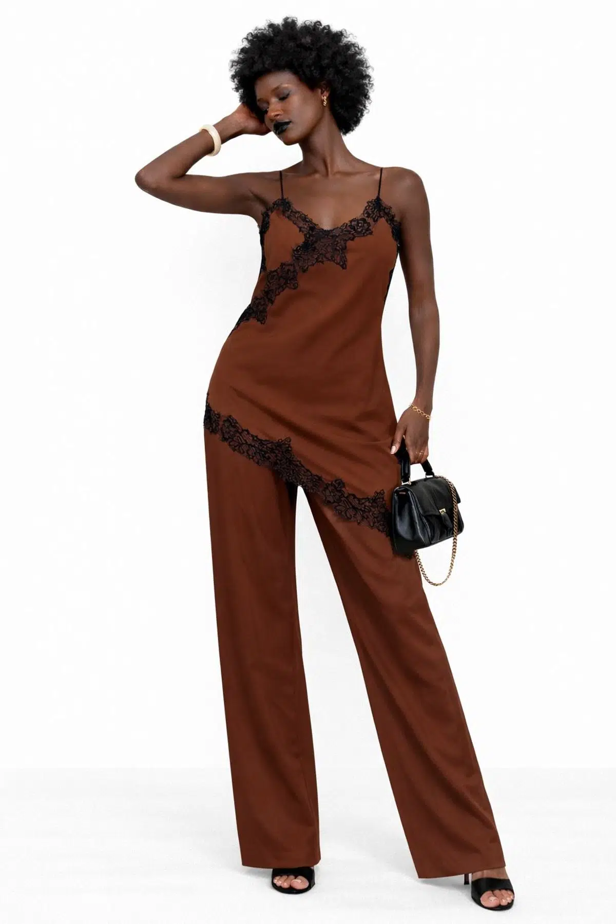 Dantel detaylı askılı asimetrik elbise - KAHVERENGİ