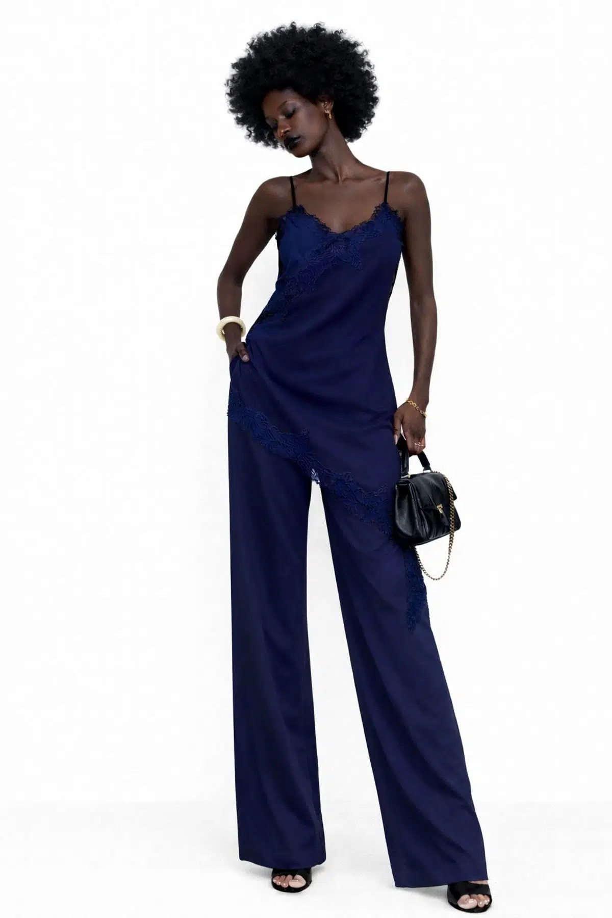 Dantel detaylı askılı asimetrik elbise - LACİVERT