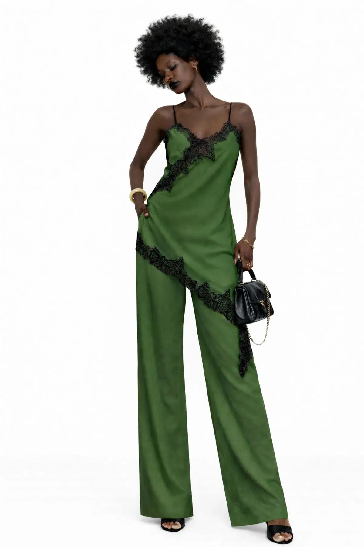 Dantel detaylı askılı asimetrik elbise - YEŞİL