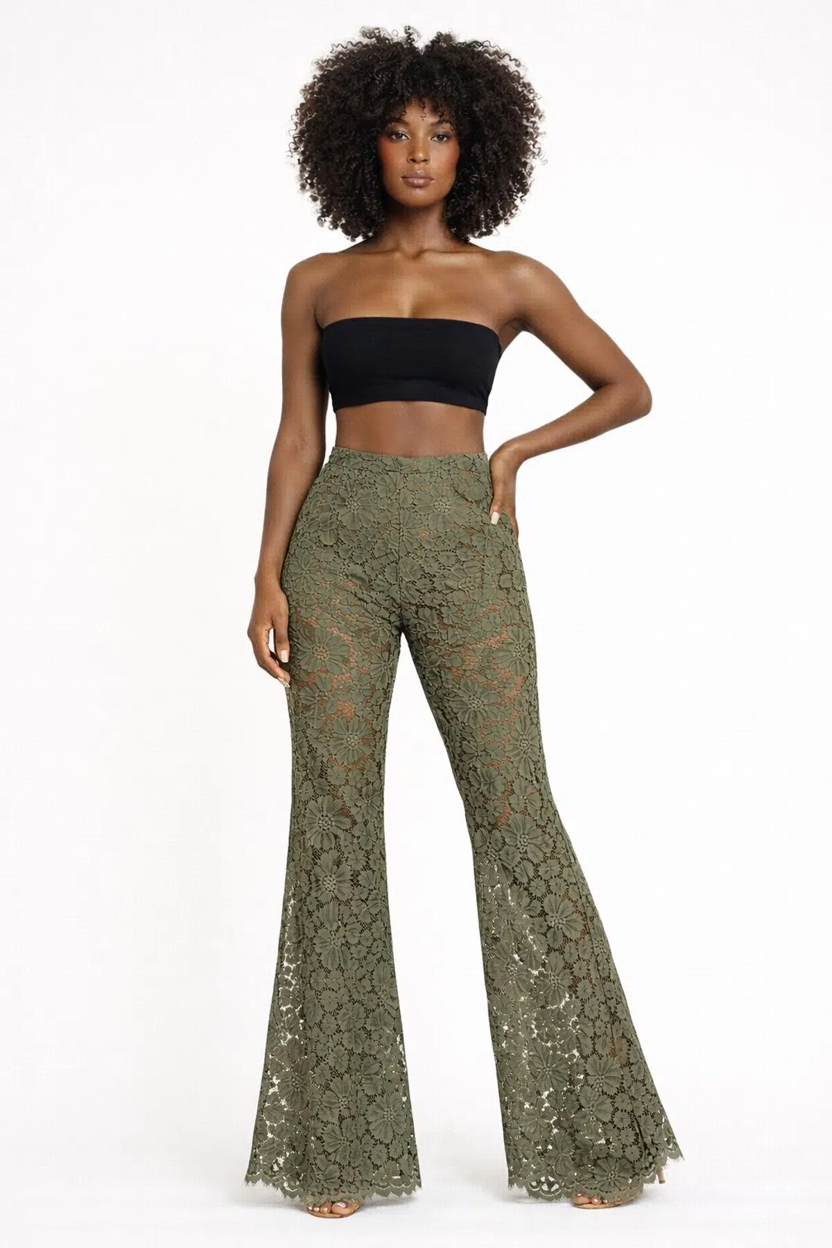 Dantel ispanyol paça astarsız pantolon - HAKİ