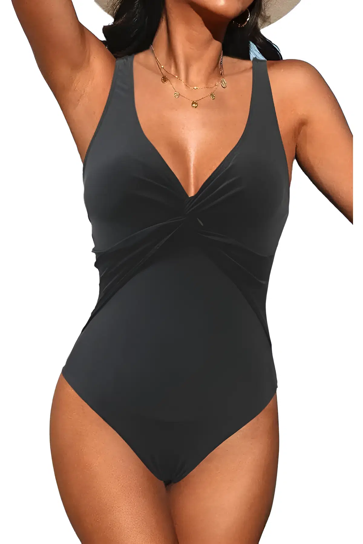 Dekoltesi geçme detaylı toparlayıcı mayo - SİYAH