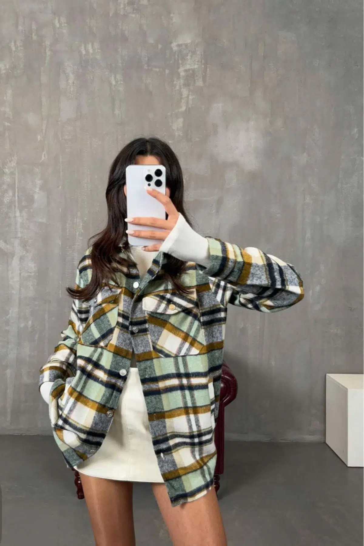 Ekose Desenli Kaşe Pamuklu Oversize Ceket Gömlek - EKOSE DESEN