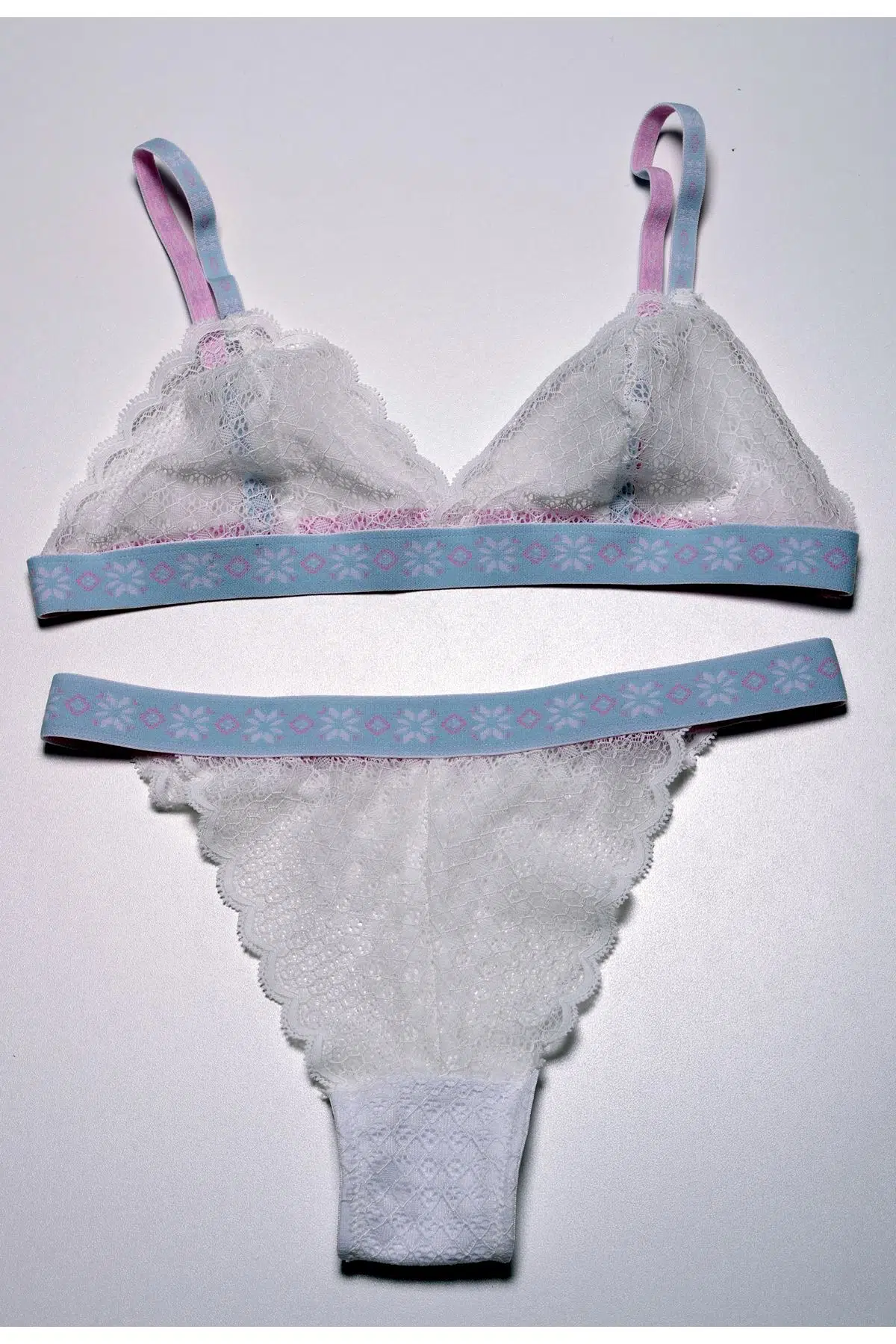 EKRU DESENLİ LASTİKLİ FULL DANTEL BRALET TAKIM DS20095BRT - EKRU DESENLİ LASTİK