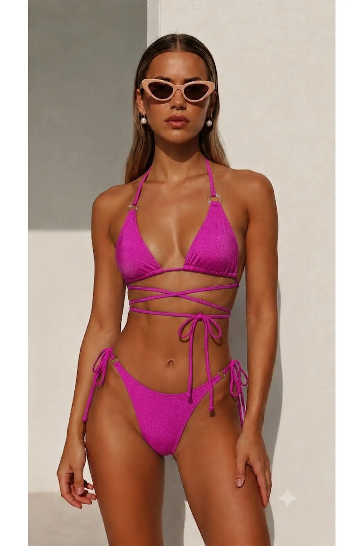 İp ve halka detaylı bikini takım - FUŞYA