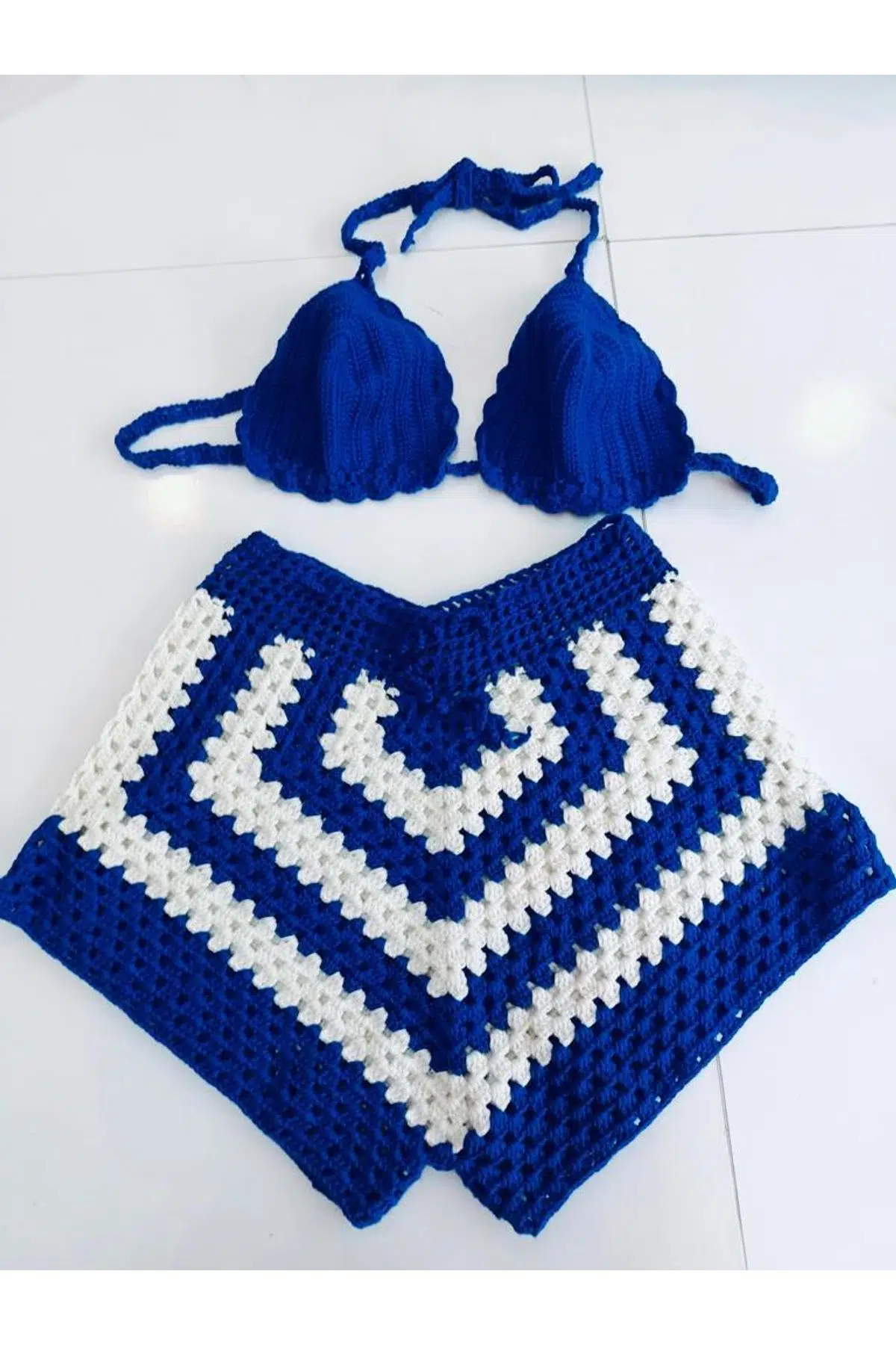 Mavi Beyaz el örgüsü bikini short takım - MAVİ