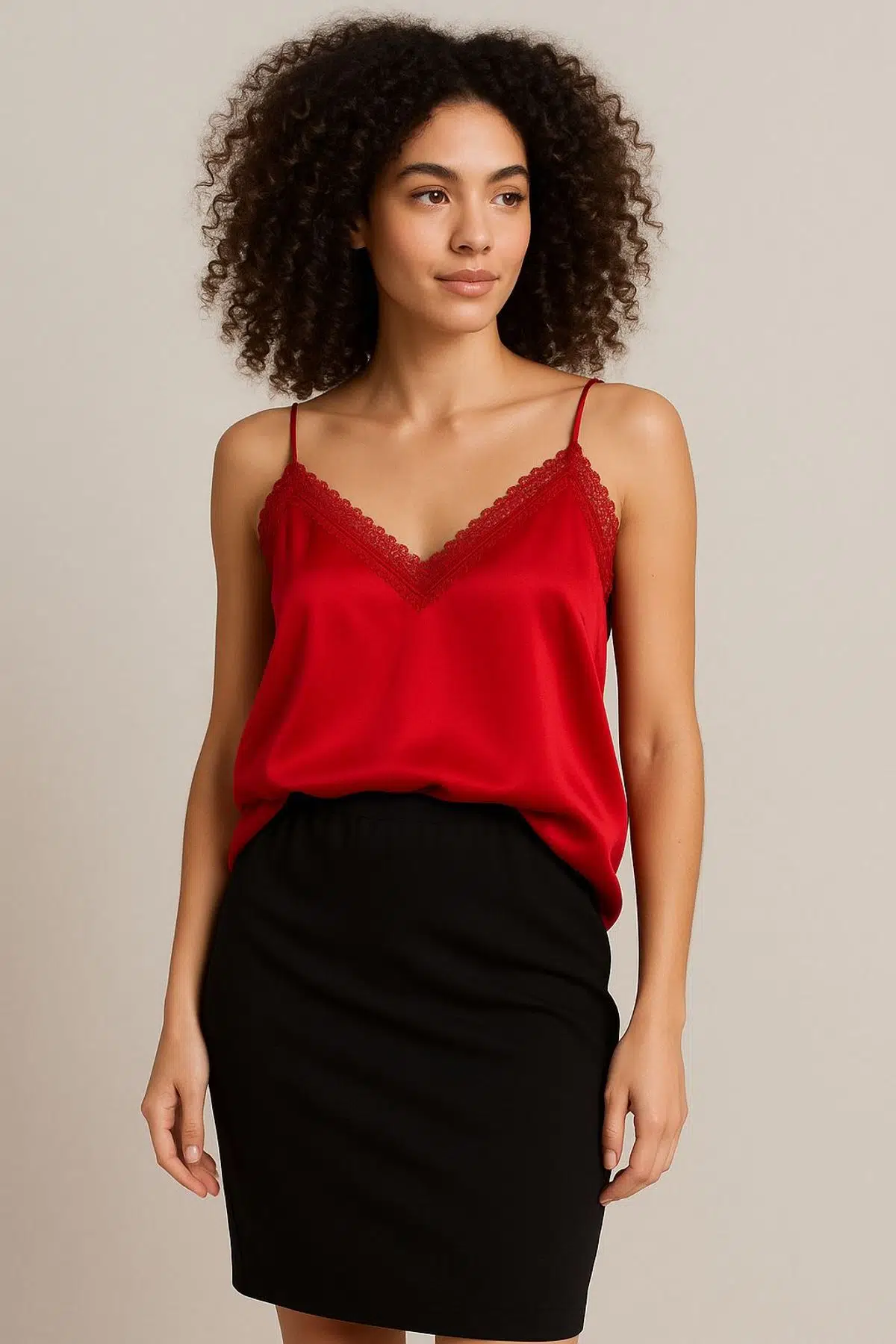 Dantel detaylı askılı bluz - KIRMIZI