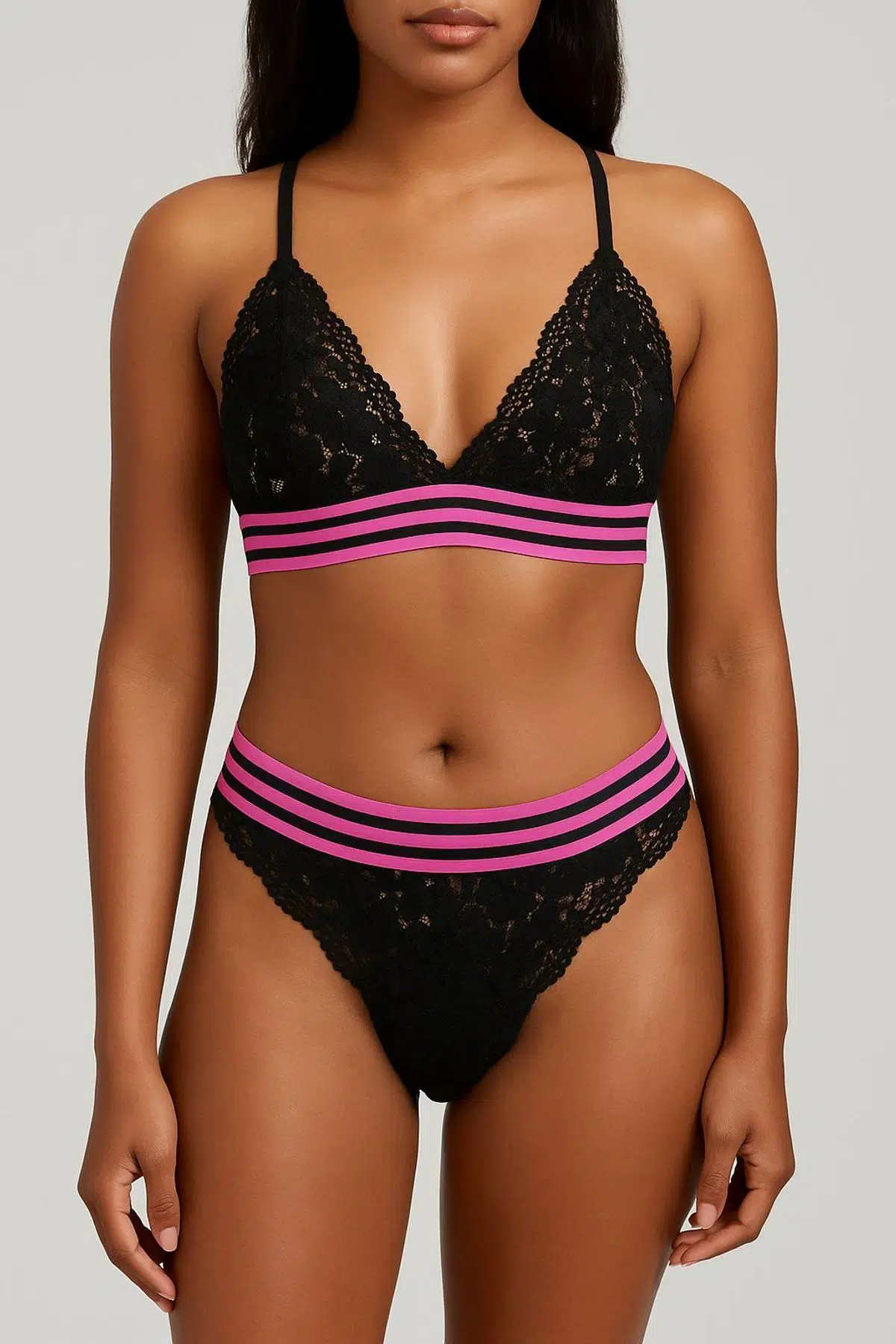 SİYAH PEMBE ÇİZGİLİ LASTİKLİ FULL DANTEL BRALET TAKIM DS20095BRT - SİYAH-PEMBE