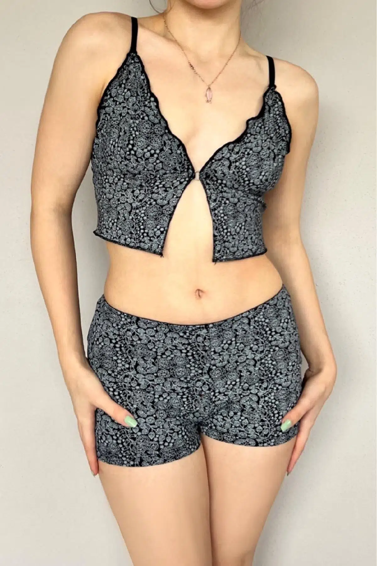 Şortlu crop pijama takım - SİYAH