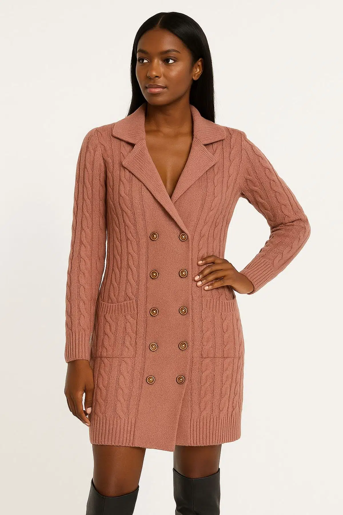 Triko Kruvaze hırka elbise - KİREMİT