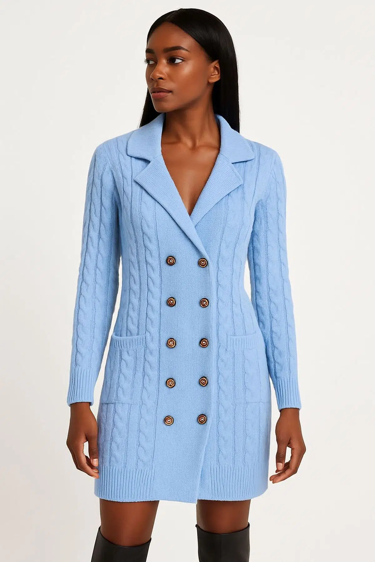 Triko Kruvaze hırka elbise - MAVİ