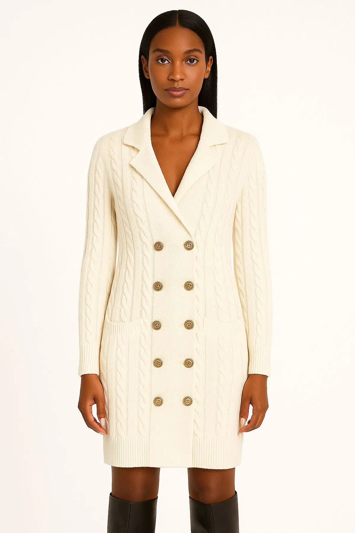 Triko Kruvaze hırka elbise - EKRU