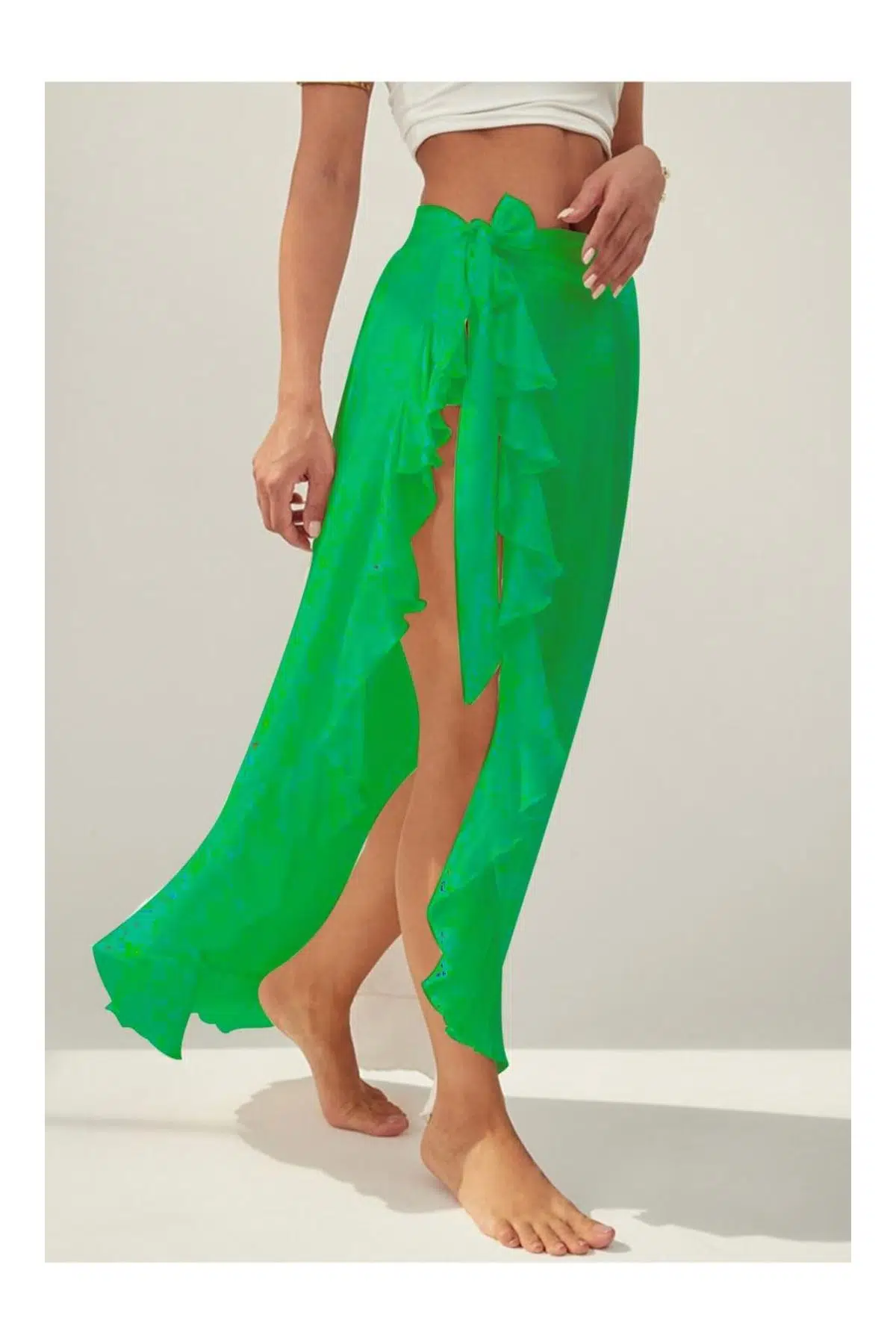 VOLAN DETAYLI VİSKON PLAJ ETEĞİ DB2202PL - YEŞİL