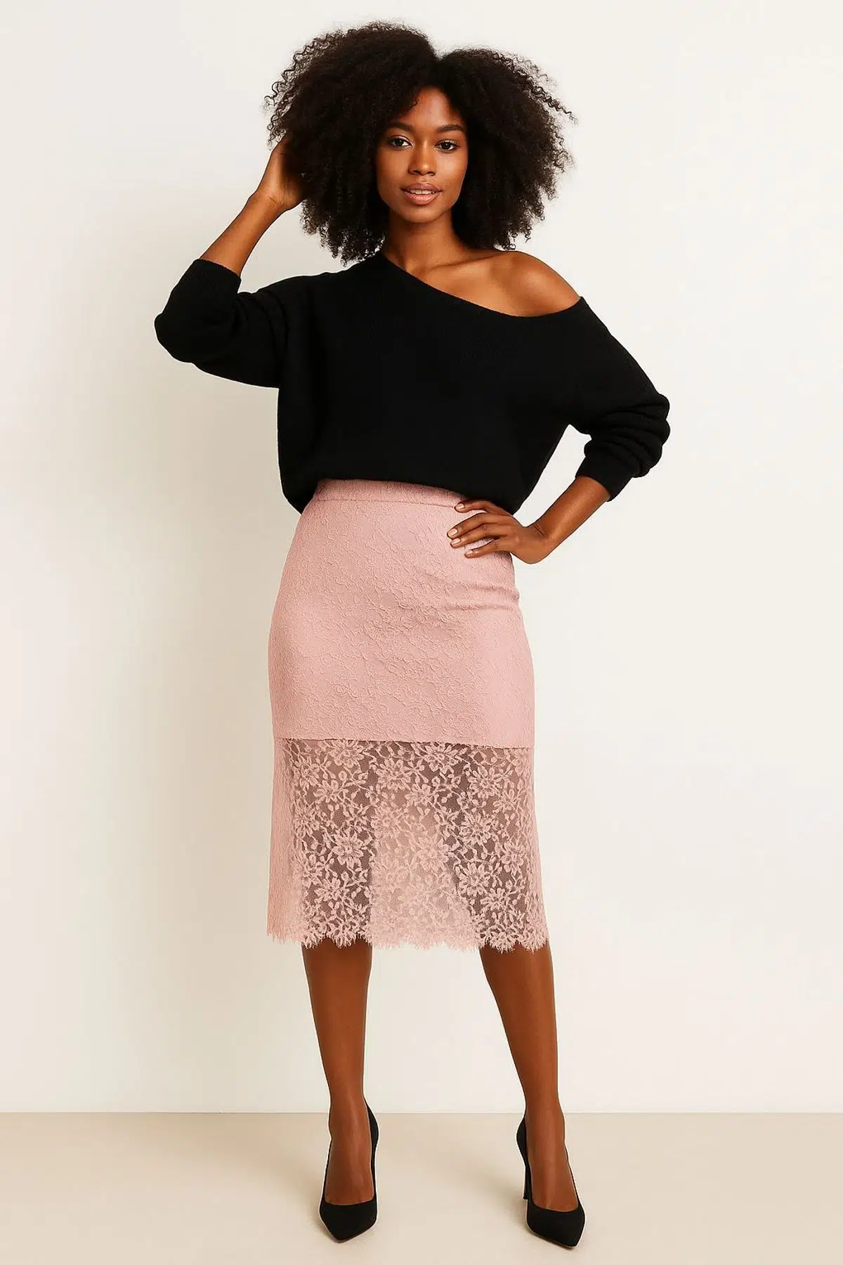 Dantel Astarlı Midi Etek - LACİVERT