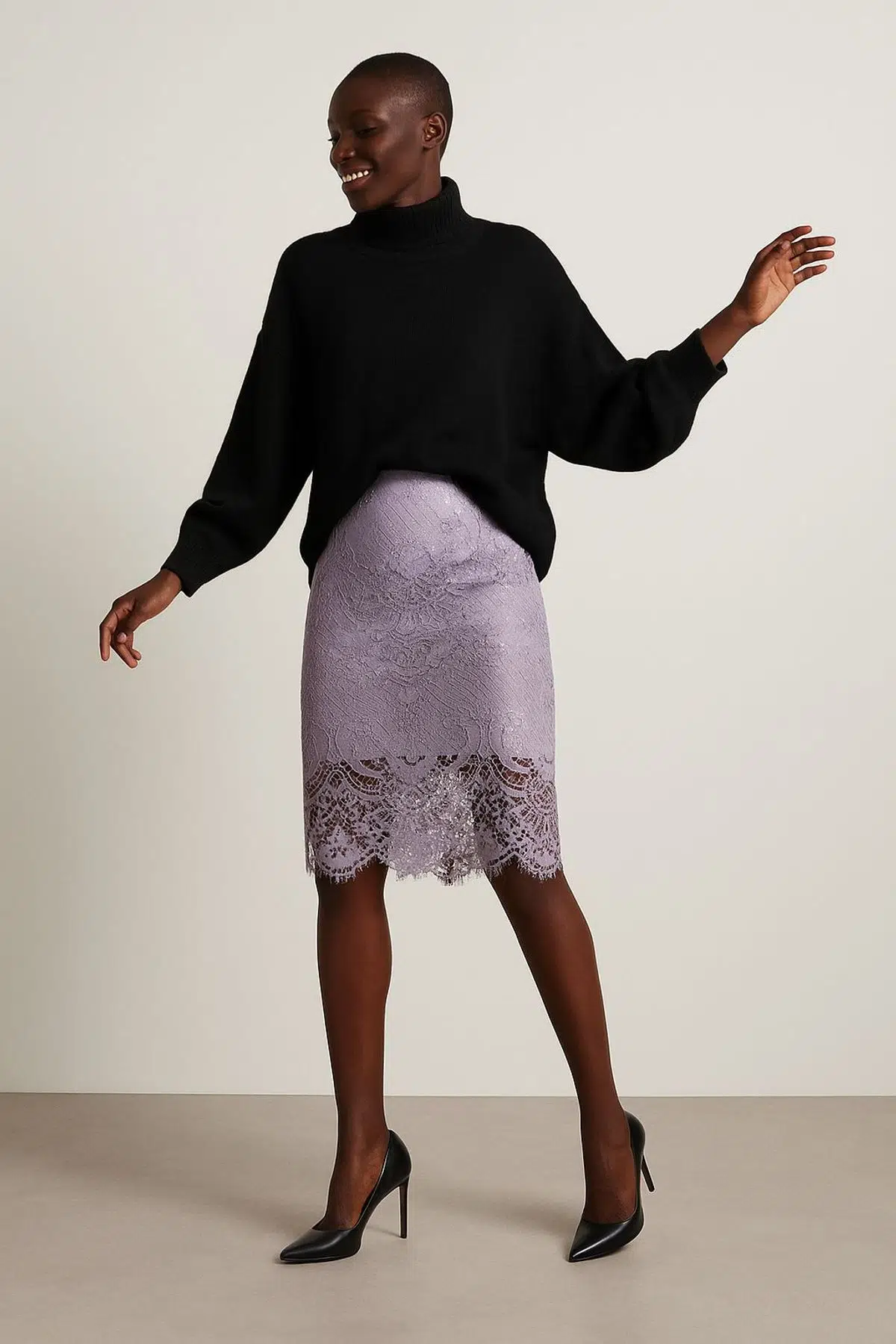 Dantel Astarlı Midi Etek - LİLA