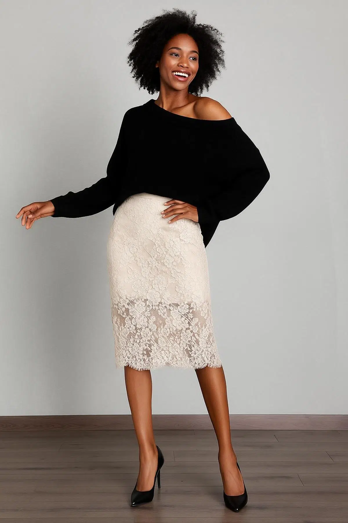 Dantel Astarlı Midi Etek - EKRU