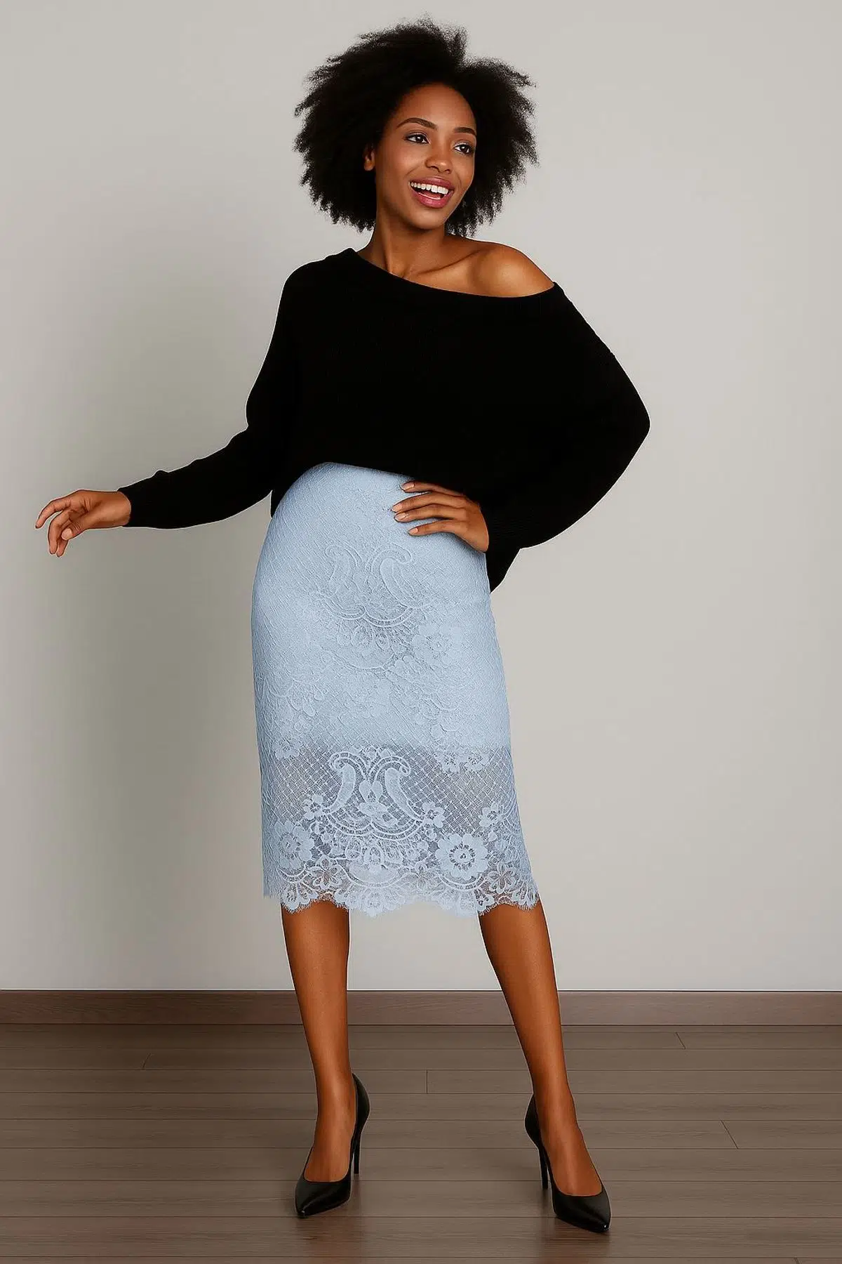 Dantel Astarlı Midi Etek - MAVİ